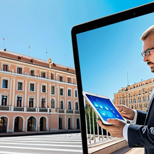 Home 11 **Monaco's Digital Transformation:** A person (Russian-speaking male, mid-30s) confidently uses a sleek tablet or laptop, accessing a government online portal with glowing holographic interfaces. In the background, a modern Monegasque administrative building under a clear sky, subtly hinting at efficiency and innovation like blockchain. The overall atmosphere is futuristic, seamless, and user-friendly, reflecting the "smart city" trend.