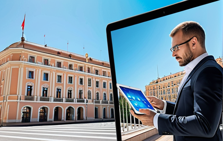 **Monaco's Digital Transformation:** A person (Russian-speaking male, mid-30s) confidently uses a sleek tablet or laptop, accessing a government online portal with glowing holographic interfaces. In the background, a modern Monegasque administrative building under a clear sky, subtly hinting at efficiency and innovation like blockchain. The overall atmosphere is futuristic, seamless, and user-friendly, reflecting the "smart city" trend.